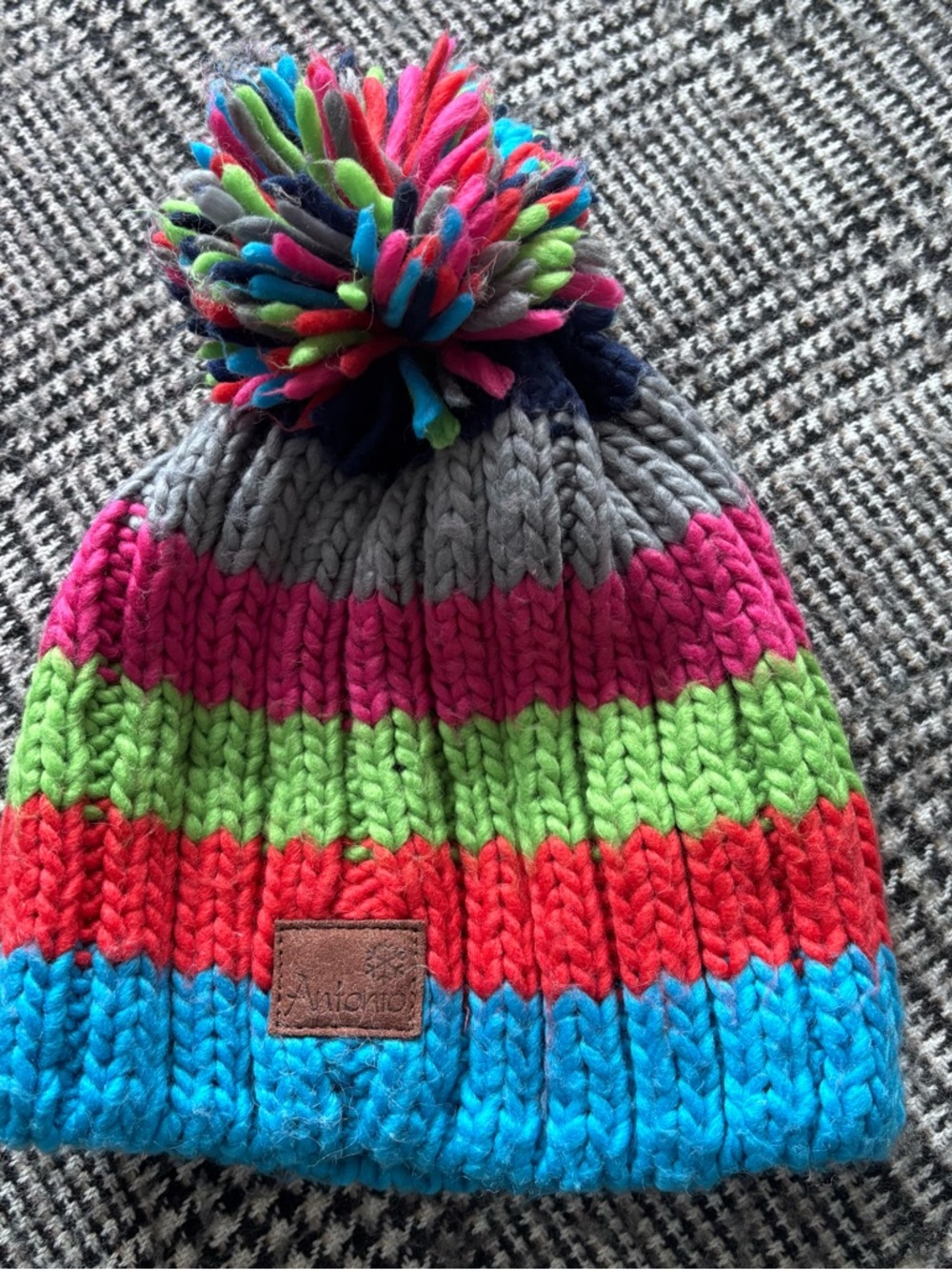 Striped Multicolor Pom Pom Knit Beanie - Gray, Pink, Green, Red, Blue